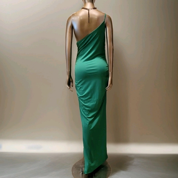 NWT Sexy Green One Shoulder Ruched Sides Split Thigh Maxi Dress Sz M - Picture 9 of 14